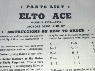 Elto Ace 4351 4352 Outboard Motor Parts List 1940 Vintage Boat Motor