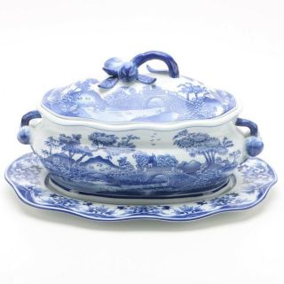 Bombay Nib Vintage Blue & White China Soup Tureen Plate Ladle Set