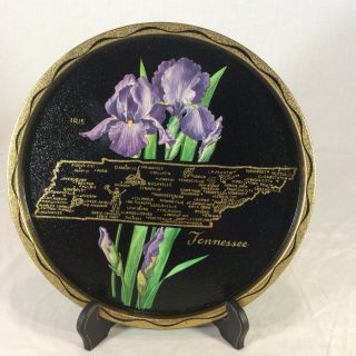 Vintage Metal Souvenir State Of Tennessee Tray Black Gold Map Iris Flower