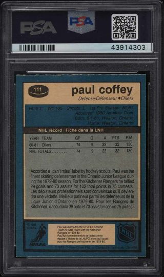 1981 O - Pee - Chee Hockey Paul Coffey ROOKIE RC 111 PSA 7 NRMT 2
