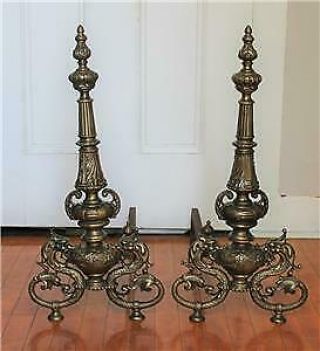Pr Tall Antique French Bronze Chenets Or Andirons Sea Serpent Dolphins 25 " High