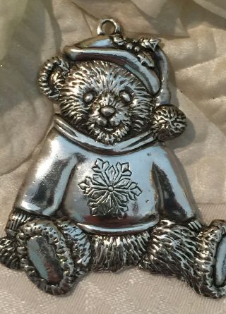 Vtg Reed & Barton Teddy Bear Christmas Ornament Silver Plated Snowflake Sweater