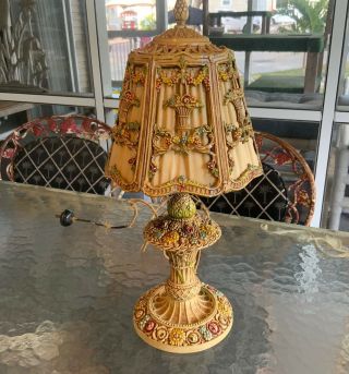 Antique Ornate Art Nouveau Boudoir Vanity Table Lamp Barbola Roses Baskets Bows