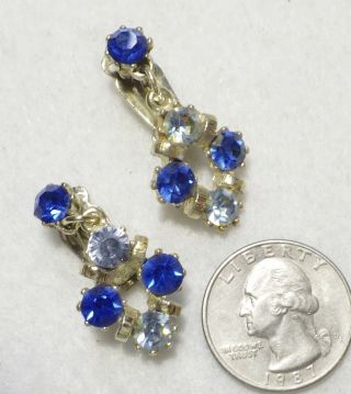 Vintage 2 - Tone Blue Rhinestone Dangle Clip Earrings,  Goldtone,  1 3/8 "