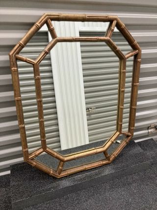 Vintage Octagon Faux Bamboo Wall Mirror Hollywood Regency Mid Century