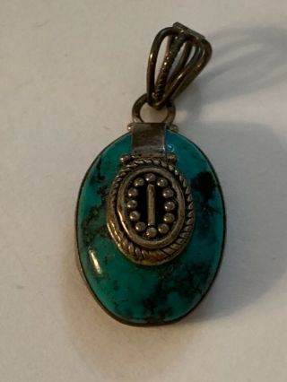 Vtg Native American Navajo Sterling Silver 925 Oval Turquoise Pendant Antique