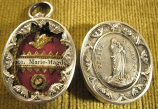 Antique & Ornate Silver Case With A Relic Of St.  Mary Magdalene.