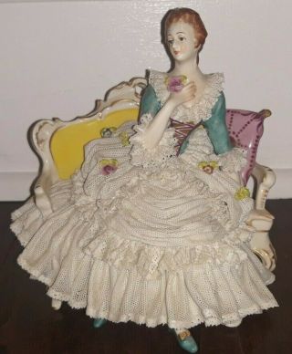 Ackermann & Fritze Dresden Lace Figurine " Lady Seated In Chair " Germany
