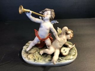 Antique German Porcelain Figure/ 2 Putti Playing Music/ Germany C.  1920/ Stamped