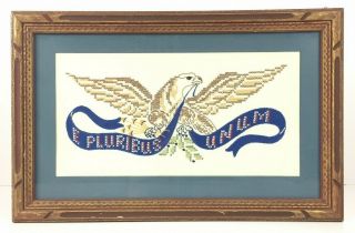 Vintage Framed Cross Stitch Needlepoint E Pluribus Unum Eagle