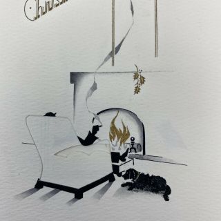 Vintage Mid Century Christmas Greeting Card Art Deco Chair Dog Relaxing By Fire