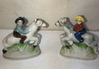 Vtg Pair 1940’s Occupied Japan Boy Girls Jumping Horses Miniature Figurines