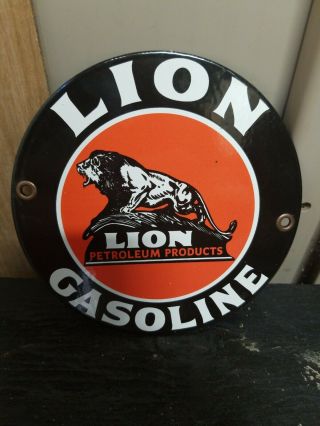 Vintage 6 " Lion Gasoline Petroleum Products Oil Porcelain Metal Rare Sign