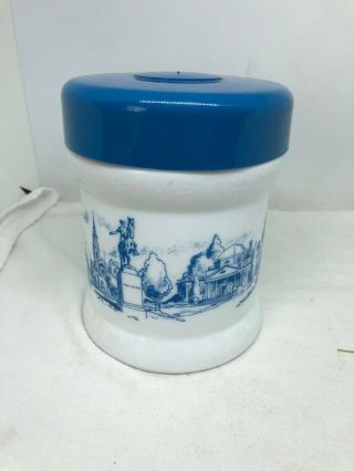 Vintage Milk Glass Pipe Tobacco Canister Jar Container Pipe Holder Lid Blue