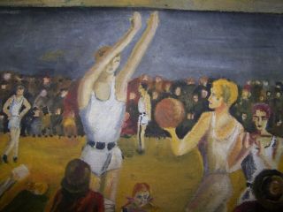 Antique Basketball Folk Art Painting 1930 ' s Small Town America 6