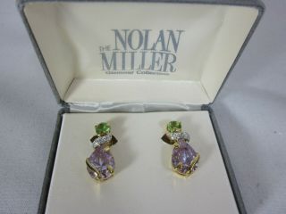 Vintage Nolan Miller Gold Tone Green Clear & Purple Pear Shaped Clip On Earrings