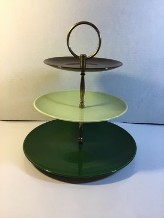 Vintage Knowles Mid Century 3 Tier Plate Stand Tray Cake Snack Green Brown Retro