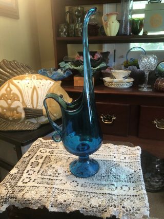 Vintage L.  E.  Smith Glass 16 " Tall Stretch Candle Holder/ewer Simplicty Blue/teal