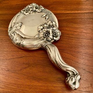 Large Unger Bros Art Nouveau Sterling Silver Queen Of The Flowers Hand Mirror