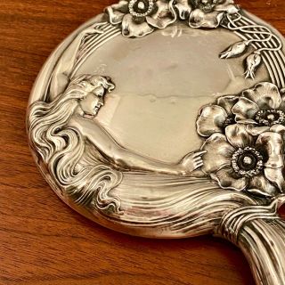 LARGE UNGER BROS ART NOUVEAU STERLING SILVER QUEEN OF THE FLOWERS HAND MIRROR 2