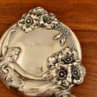 LARGE UNGER BROS ART NOUVEAU STERLING SILVER QUEEN OF THE FLOWERS HAND MIRROR 3