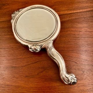 LARGE UNGER BROS ART NOUVEAU STERLING SILVER QUEEN OF THE FLOWERS HAND MIRROR 5