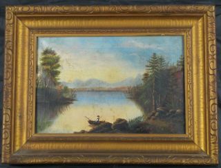 Unsigned Antique American School Oil Painting Of A Man Fishing On A Lake