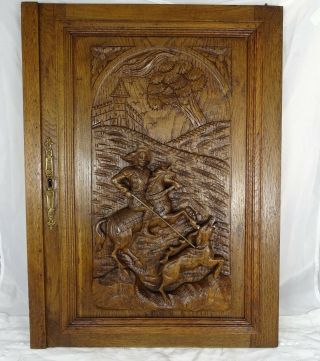 French Antique Hand Carved Oak Wood Door Panel - Stag Hunting - Scene Middle Age