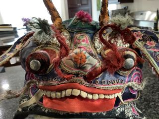 Antique Chinese Silk Embroidered Dragon Child’s Festival Hat Embroidered Ornate