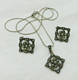 Vintage Sterling Silver Necklace Pierced Earring Set Marcasite Pendant 460k