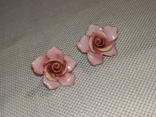 Vintage Stunning Antique Clip On Earring Hand Painted Porcelain Pink Flowers
