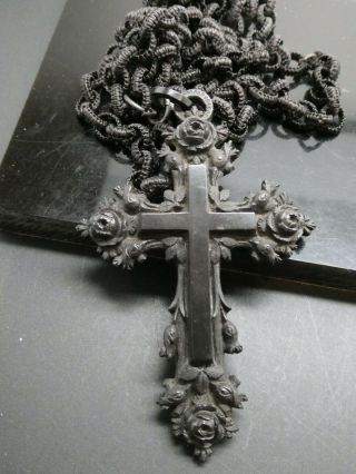Antique Victorian Gutta Percha Ornate Cross Floral Mourning Hair Necklace 34 "