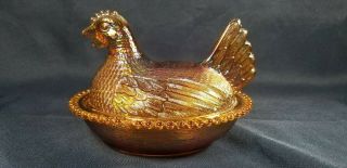 Vtg Indiana Marigold Carnival Glass Hen On Nest Covered Candy Dish 7 Inch