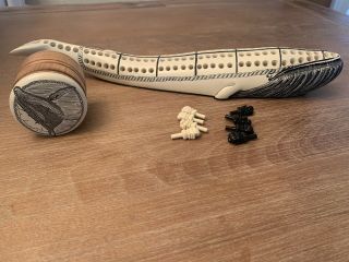 Vintage Faux Bone Scrimshaw Cribbage Whale With Pegs And Small Case Etched