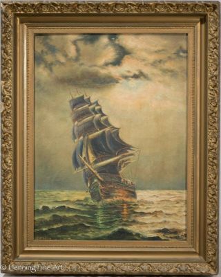 Antique 19th Century Oil Painting Of Clipper Ship At Sea,  Signed & Framed,  Fine