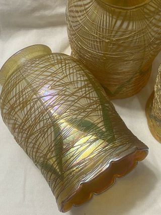 Antique Art Nouveau Threaded Pulled Feather Lamp Shades Quezal Lustre Set Of 3 2