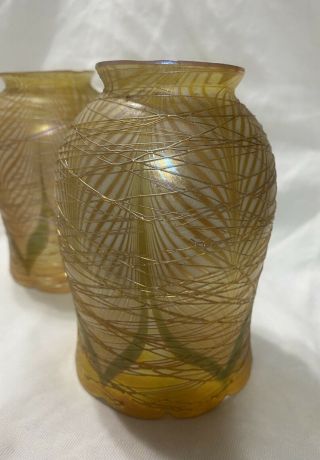 Antique Art Nouveau Threaded Pulled Feather Lamp Shades Quezal Lustre Set Of 3 5