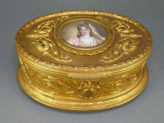 Antique French Cast Bronze Gold Gilt Miniature Portrait Painting Art Nouveau Box