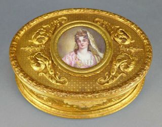 Antique French Cast Bronze Gold Gilt Miniature Portrait Painting Art Nouveau Box 3