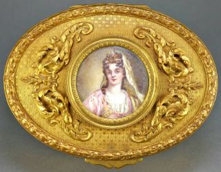 Antique French Cast Bronze Gold Gilt Miniature Portrait Painting Art Nouveau Box 4