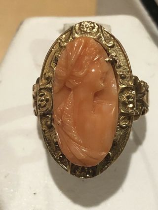 Italian Antique Vintage 14k Y/gold Curved Coral Cameo Ladies Ring Finger Size 4