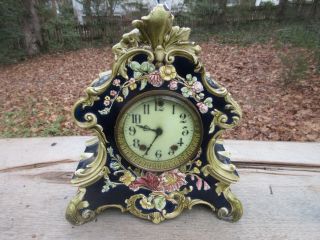 Antique Porcelain Mantle Clock Majolica Electrified 110v Never Wind Again