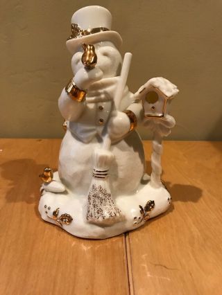 Vintage Geo Lefton Ceramic Snowman Christmas Gold Trim Let It Snow 7” Music Box