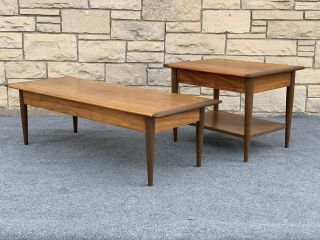 Set Of Mid Century Modern Sears Walnut & Ash End & Surfboard Coffee Table