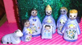 Vintage Mexican Tonala 7 Pc Nativity Creche Art Pottery Holy Family Figurines