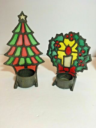 Vtg Christmas Cast Iron & Stained Glass Candle Holders Wreath Tree Enesco Japan