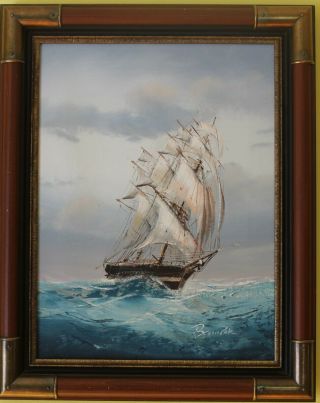Vintage Oil Painting On Canvas,  Seascape,  Sailing Ship On The Sea,  Signed