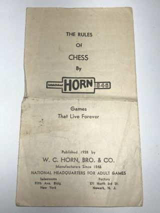 Vintage 1938 W.  C.  Horn Bro.  Co No.  The Rules Of Chess Rule Booklet Adult Games