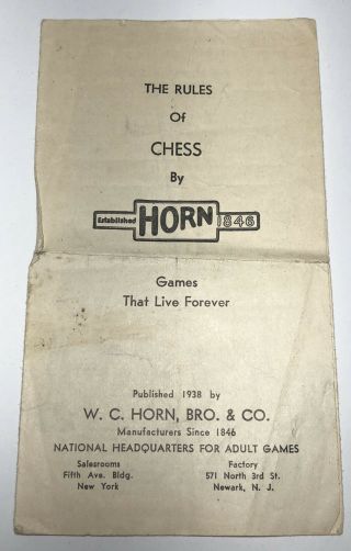 Vintage 1938 W.  C.  Horn Bro.  CO NO.  The Rules Of Chess Rule Booklet Adult Games 2