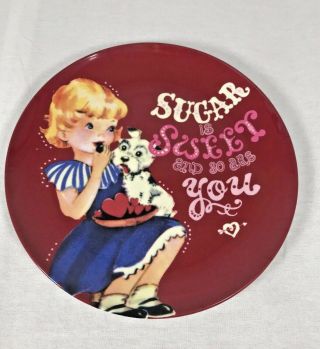 Pottery Barn Plate Sugar Sweet Girl Puppy Dog Hearts 9 " Melamine Vtg Look Kids